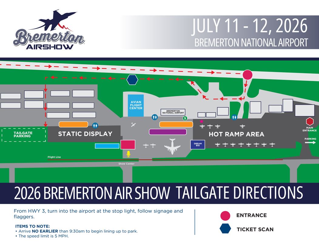 Map showing tailgate parking directions and key areas at the 2026 Bremerton Air Show at Bremerton National Airport, including entrances, static display, hot ramp area, ticket scan points, and traffic flow.