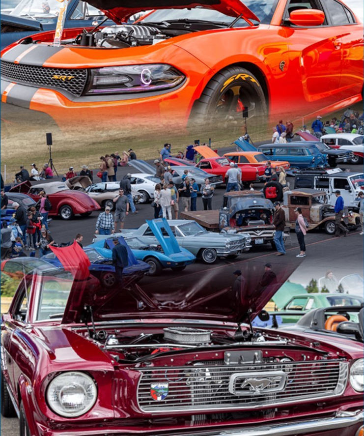 Promotional collage for the Bremerton Airshow classic car show in Washington state featuring classic cars, modern muscle cars, restored trucks, and visitors viewing vehicles displayed along the airshow ramp.