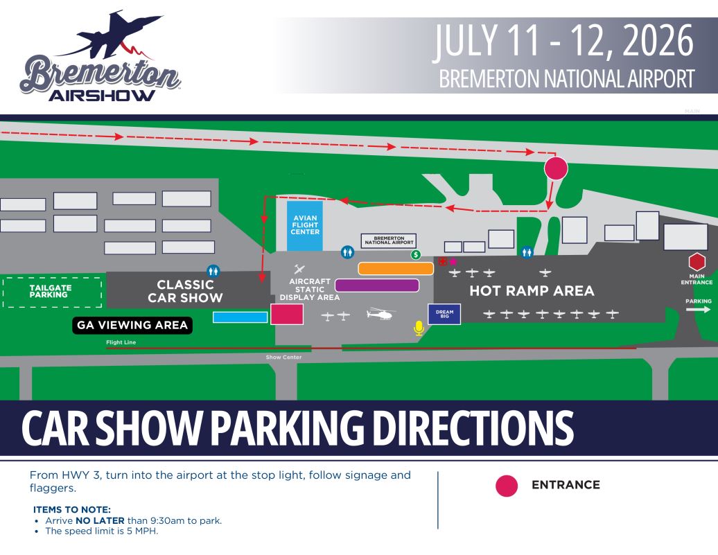 Illustrated parking map for the 2026 Bremerton Airshow Classic Car Show at Bremerton National Airport, July 11–12, 2026. The map shows vehicle access from Highway 3 entering through the airport's main entrance on the east side, with red arrows directing traffic around the airport road and into the designated Classic Car Show parking area. Key locations include Tailgate Parking, the Classic Car Show, GA Viewing Area, Aircraft Static Display Area, Hot Ramp Area, Avian Flight Center, Bremerton National Airport terminal, and the Show Center along the flight line. Restrooms, aircraft display locations, sponsor/vendor areas, and the main entrance are identified with icons and colored markers. A legend indicates the entrance symbol, and parking instructions below the map advise drivers to enter from Highway 3, follow event signage and flaggers, arrive no later than 9:30 a.m., and observe a 5 MPH speed limit.
