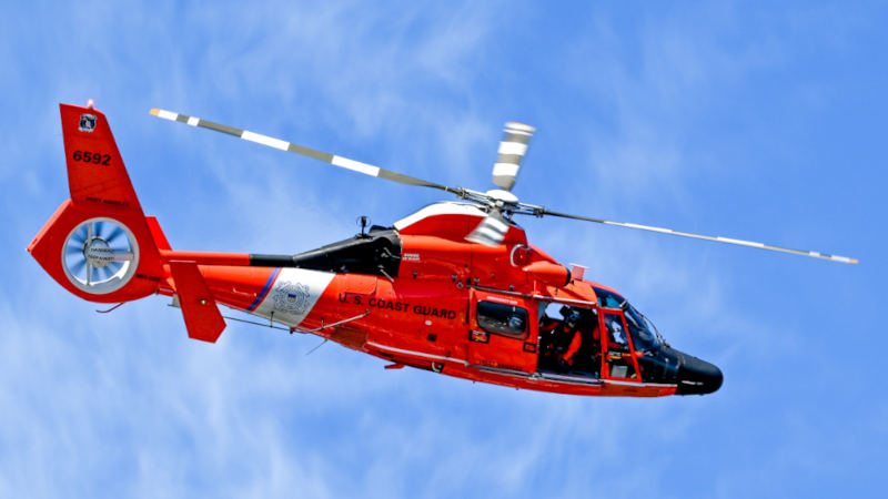 U.S. Coast Guard MH-65E Dolphin helicopter in flight against a blue sky, shown in profile with its bright orange and white rescue livery. The helicopter's side door is open, revealing crew members inside as the rotor blades blur in motion.